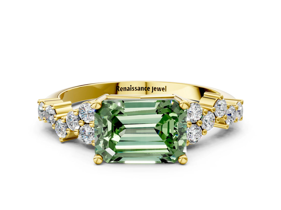 Yellow gold Fancy Green Emerald Cut Diamond Scattered Round Accent Ring with Prong Setting_12