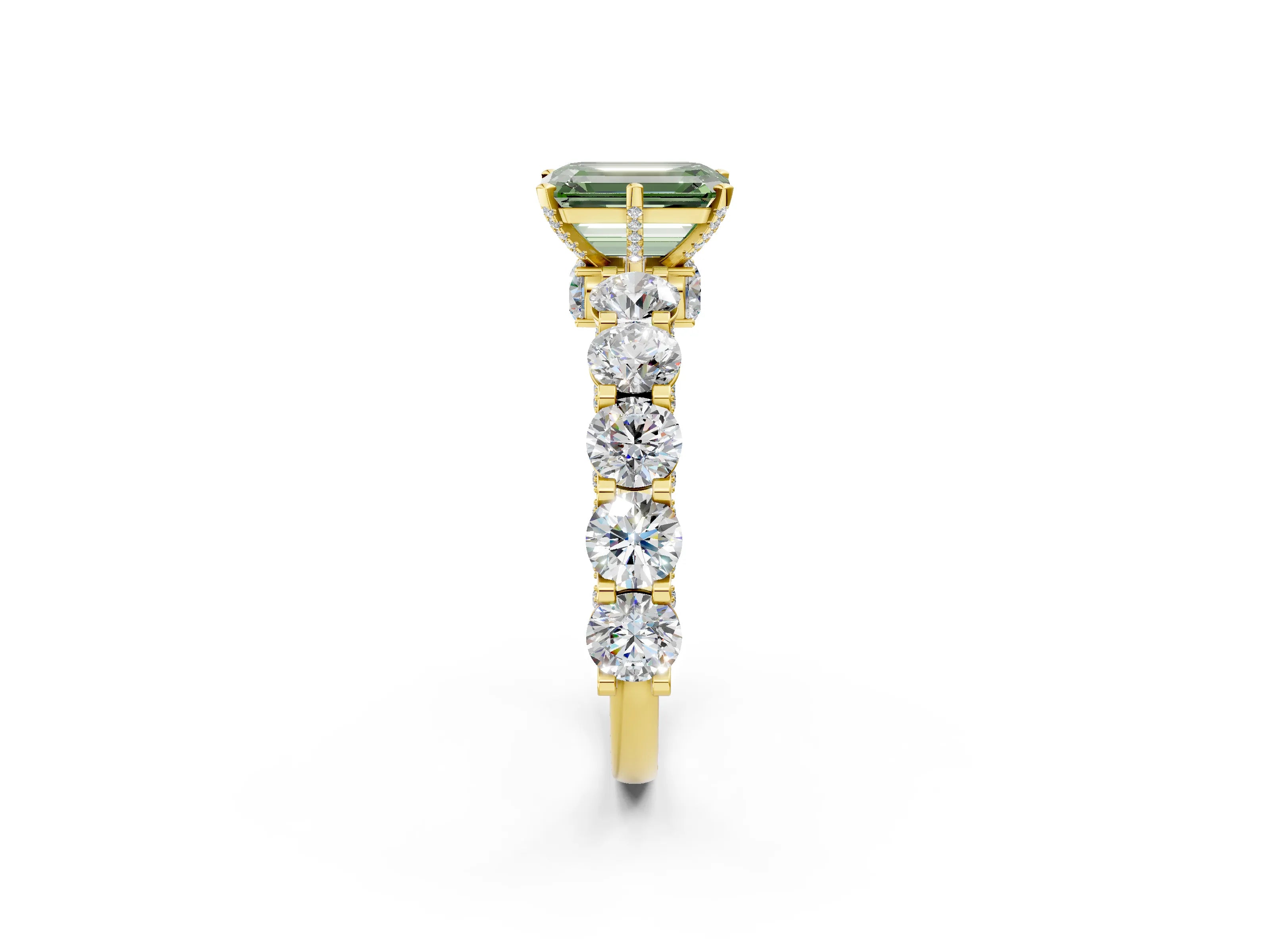 Yellow gold Fancy Green Emerald Cut Diamond Side Stone Engagement Ring with Four-Prong Setting_26