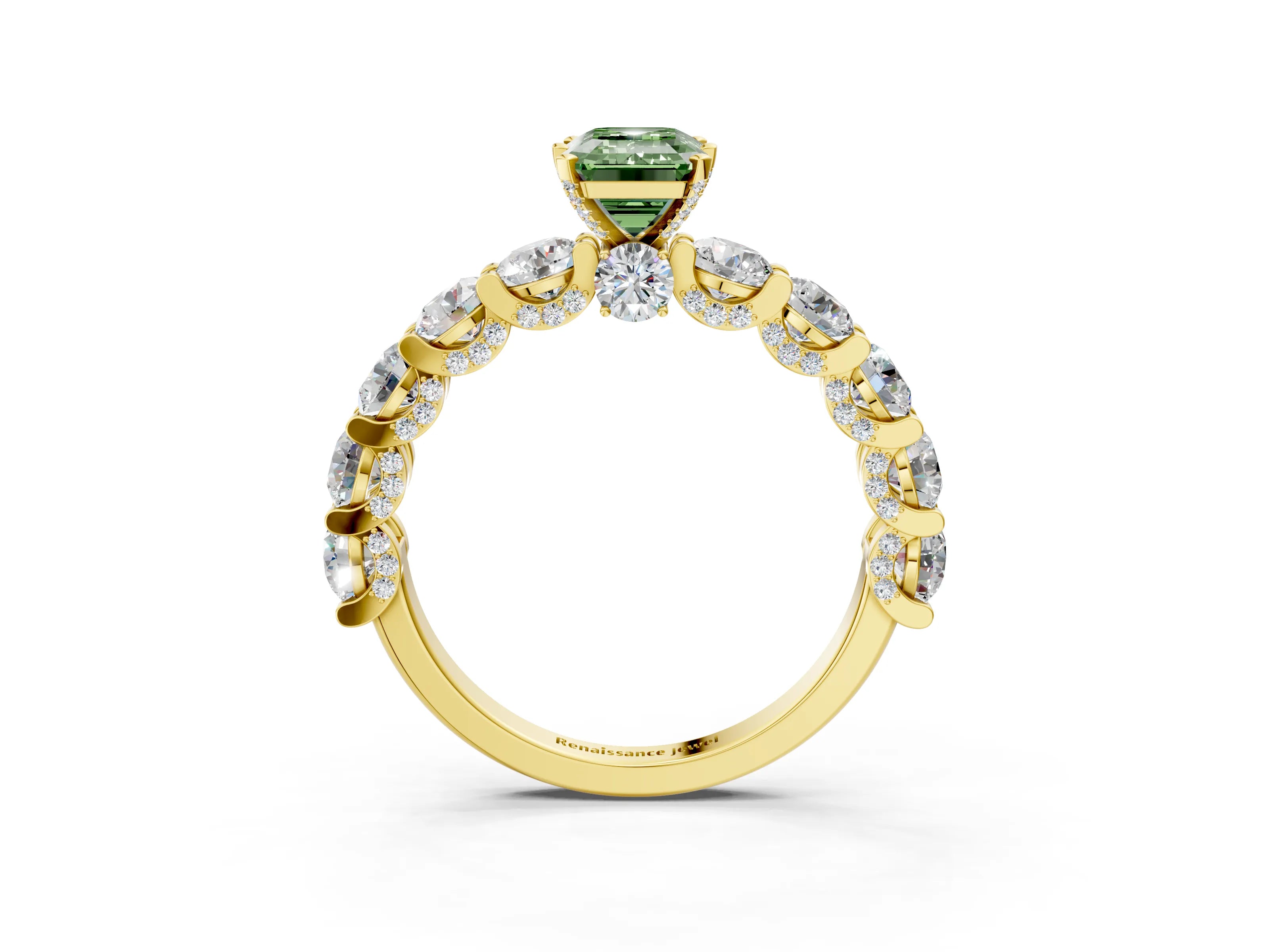 Yellow gold Fancy Green Emerald Cut Diamond Side Stone Engagement Ring with Four-Prong Setting_27