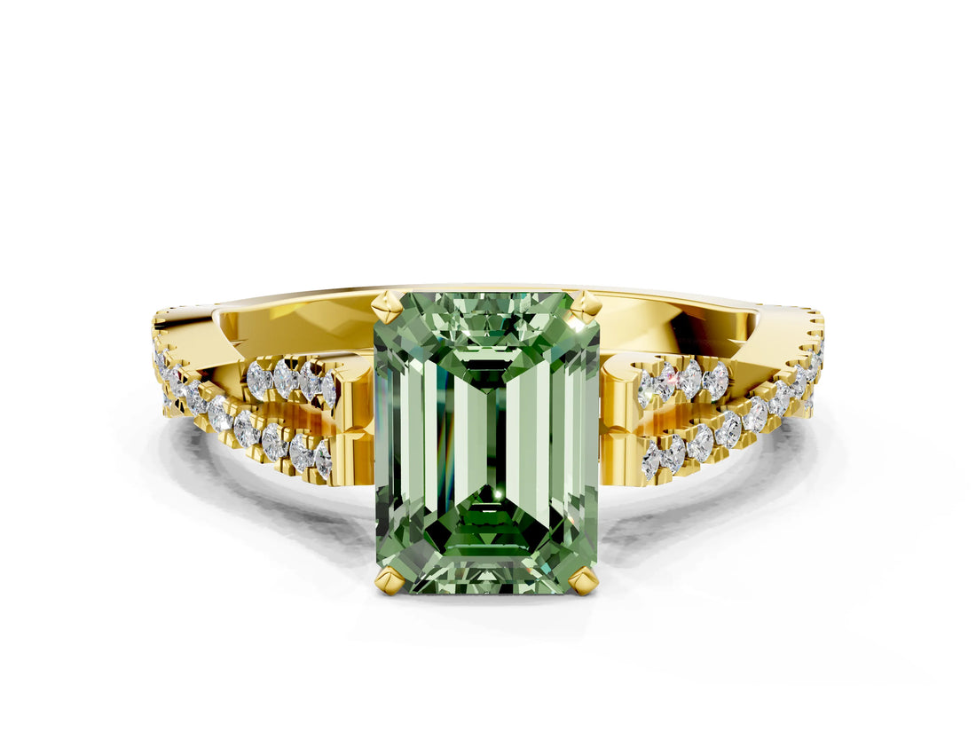 Yellow gold Fancy Green Emerald Cut Diamond Solitaire Engagement Ring with Twisted Pavé Band and Four-Prong Setting_44