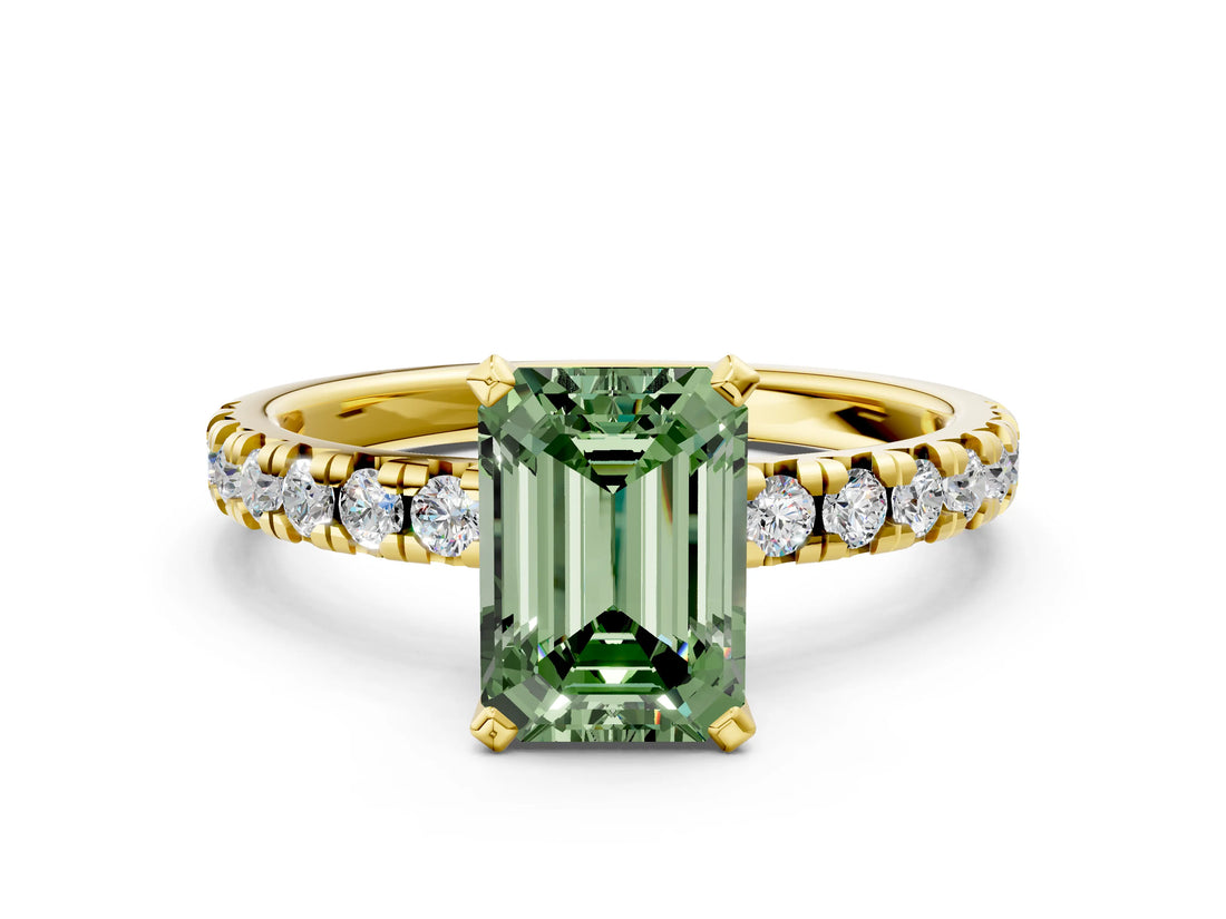 Yellow gold Fancy Green Emerald Cut Diamond Solitaire Pavé Engagement Ring with Round Band and Prong Setting_56