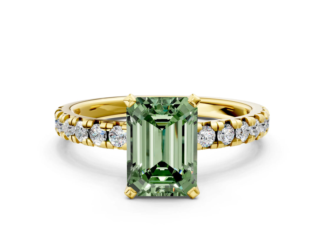 Yellow gold Fancy Green Emerald Cut Diamond Solitaire Pavé Engagement Ring with Round Band and Prong Setting_74