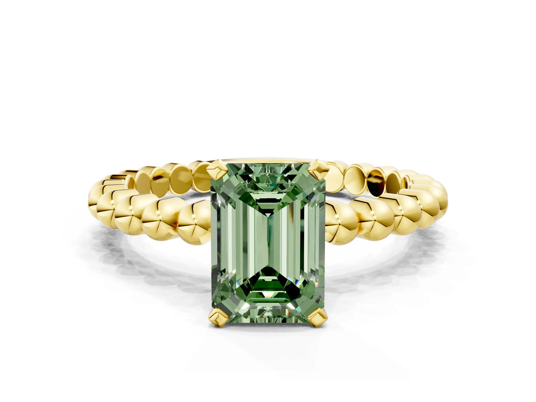 Yellow gold Fancy Green Emerald Cut Diamond Solitaire Ring with Beaded Band and Prong Setting_294