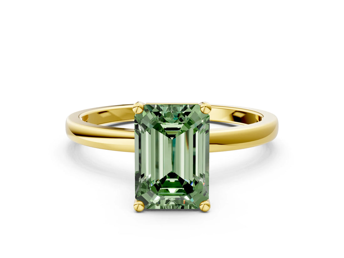 Yellow gold Fancy Green Emerald Cut Diamond Solitaire Ring with Classic Band and Four-Prong Setting