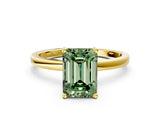 Yellow gold Fancy Green Emerald Cut Diamond Solitaire Ring with Classic Band and Four-Prong Setting