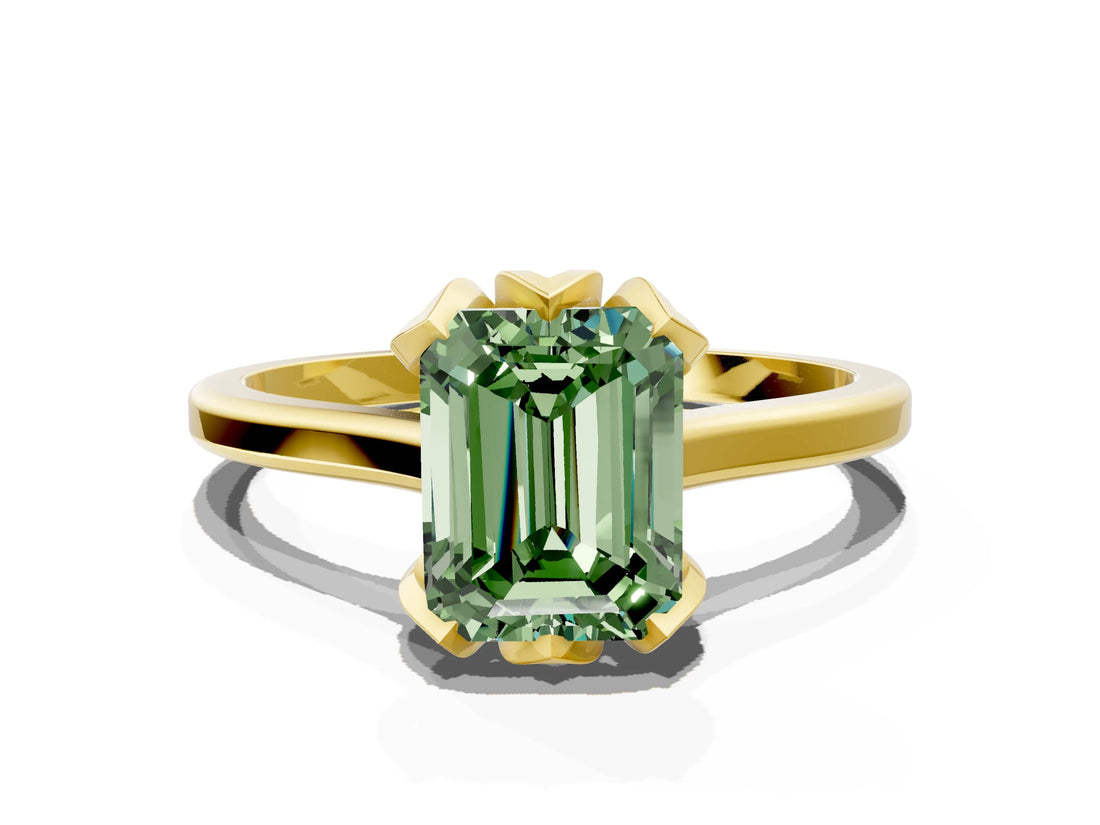 Yellow gold Fancy Green Emerald Cut Diamond Solitaire Ring with Flower Prong Setting and Classic Band_102