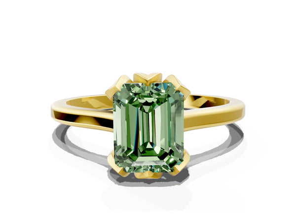 Yellow gold Fancy Green Emerald Cut Diamond Solitaire Ring with Flower Prong Setting and Classic Band