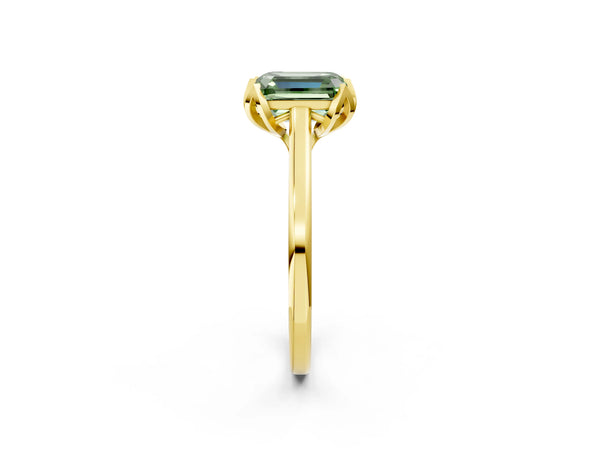 Yellow gold Fancy Green Emerald Cut Diamond Solitaire Ring with Flower Prong Setting and Classic Band