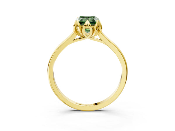 Yellow gold Fancy Green Emerald Cut Diamond Solitaire Ring with Flower Prong Setting and Classic Band