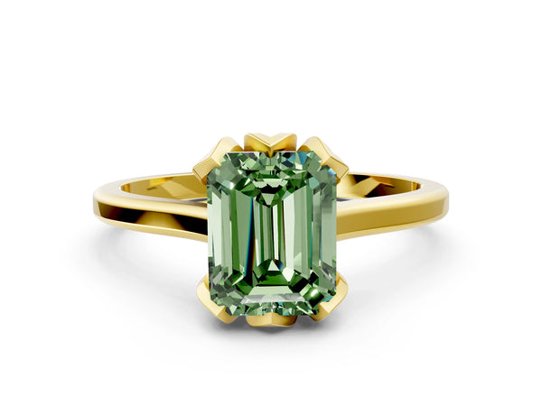 Yellow gold Fancy Green Emerald Cut Diamond Solitaire Ring with Flower Prong Setting and Classic Band