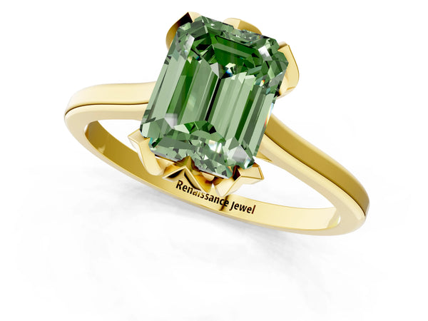 Yellow gold Fancy Green Emerald Cut Diamond Solitaire Ring with Flower Prong Setting and Classic Band