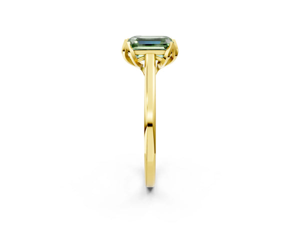 Yellow gold Fancy Green Emerald Cut Diamond Solitaire Ring with Flower Prong Setting and Classic Band