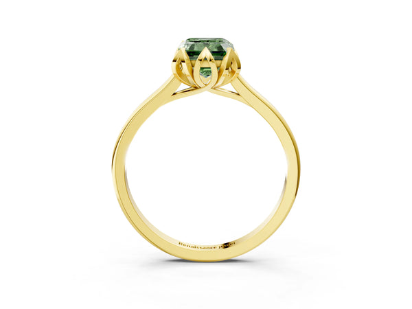 Yellow gold Fancy Green Emerald Cut Diamond Solitaire Ring with Flower Prong Setting and Classic Band
