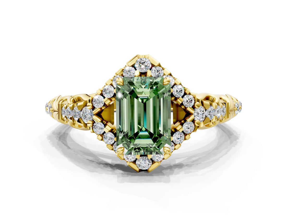 Yellow gold Fancy Green Emerald Cut Diamond Solitaire Ring with Hidden Halo and Pavé Band_27