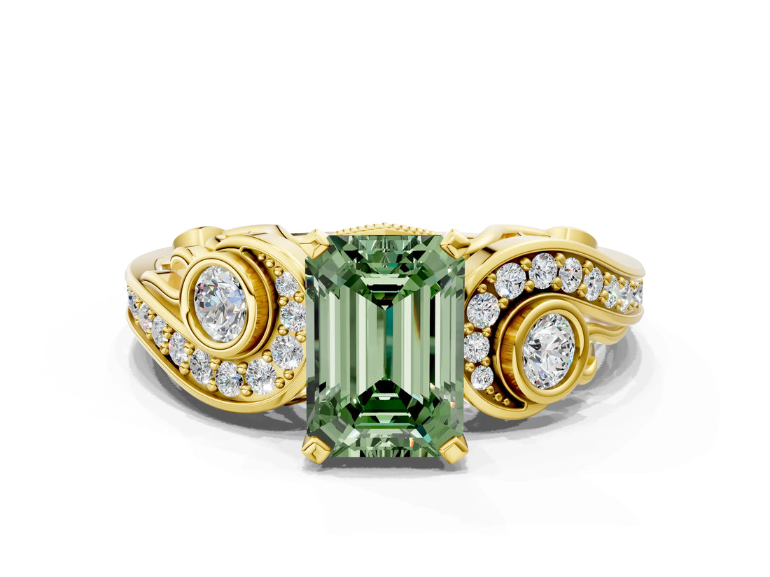 Yellow gold Fancy Green Emerald Cut Diamond Solitaire Ring with Milgrain Pavé Band and Four-Prong Setting_171