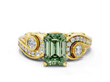 Yellow gold Fancy Green Emerald Cut Diamond Solitaire Ring with Milgrain Pavé Band and Four-Prong Setting_171