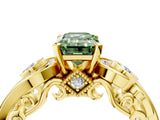 Yellow gold Fancy Green Emerald Cut Diamond Solitaire Ring with Milgrain Pavé Band and Four-Prong Setting_175