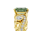 Yellow gold Fancy Green Emerald Cut Diamond Solitaire Ring with Milgrain Pavé Band and Four-Prong Setting_176
