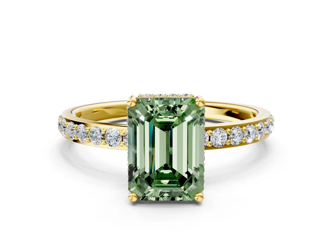 Yellow gold Fancy Green Emerald Cut Diamond Solitaire Ring with Pavé Band and Hidden Halo_21