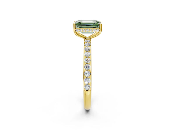 Yellow gold Fancy Green Emerald Cut Diamond Solitaire Ring with Pavé Band and Hidden Halo