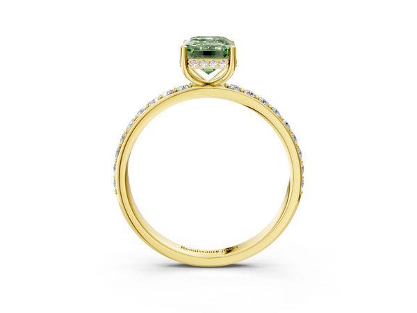 Yellow gold Fancy Green Emerald Cut Diamond Solitaire Ring with Pavé Band and Hidden Halo