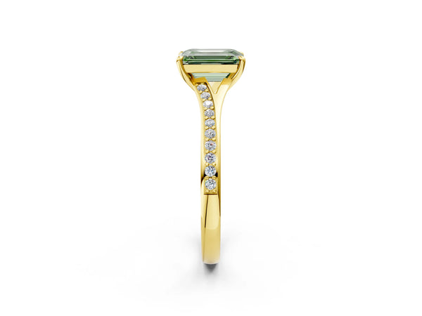 Yellow Gold Emerald Cut Pave Solitaire Engagement Ring Setting for Fancy Green Center with Sweeping Shoulders