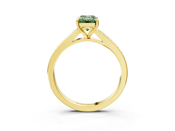 Yellow Gold Emerald Cut Pave Solitaire Engagement Ring Setting for Fancy Green Center with Sweeping Shoulders