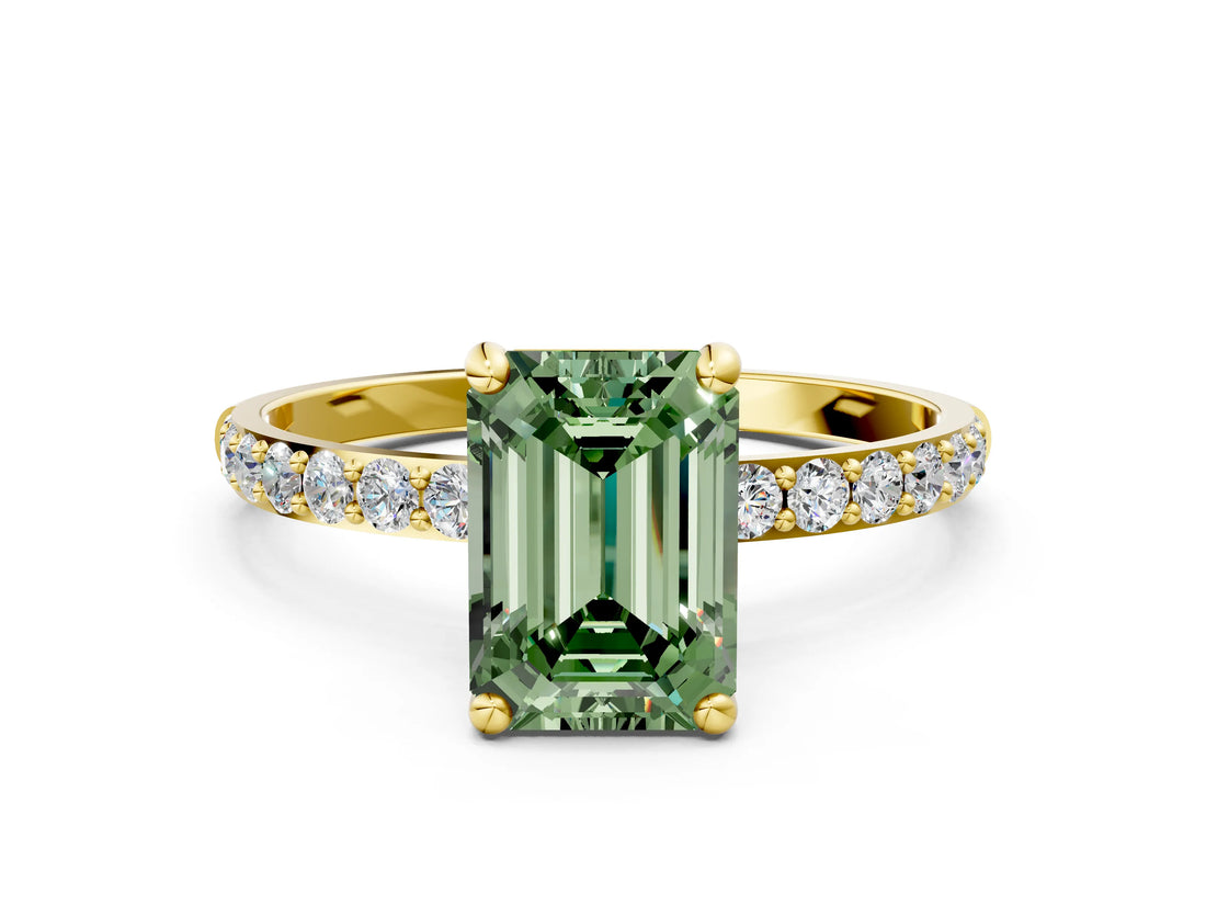 Yellow gold Fancy Green Emerald Cut Diamond Solitaire Ring with Pave Band and Four Prong Setting_93