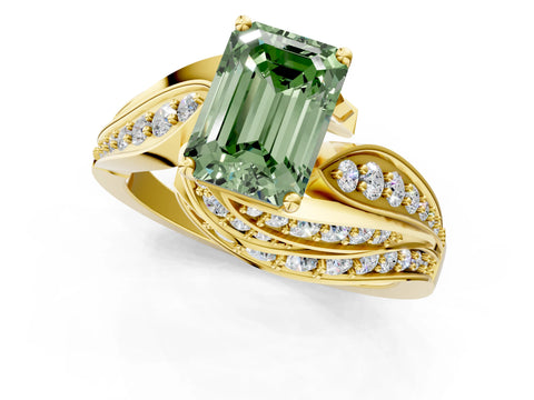 Yellow gold Fancy Green Emerald Cut Diamond Solitaire Ring with Prong Setting and Twisted Pavé Band_1