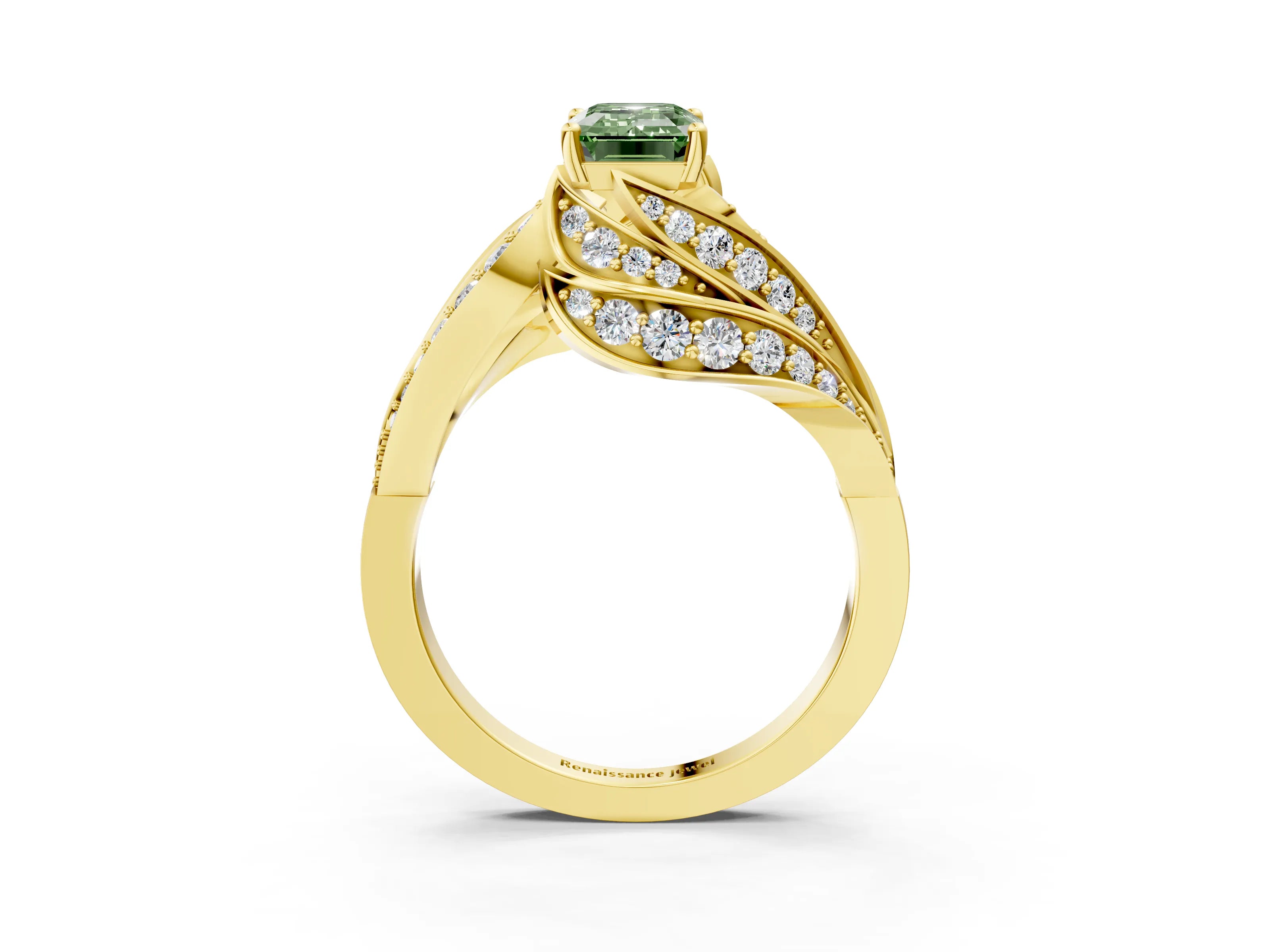 Yellow gold Fancy Green Emerald Cut Diamond Solitaire Ring with Prong Setting and Twisted Pavé Band_3