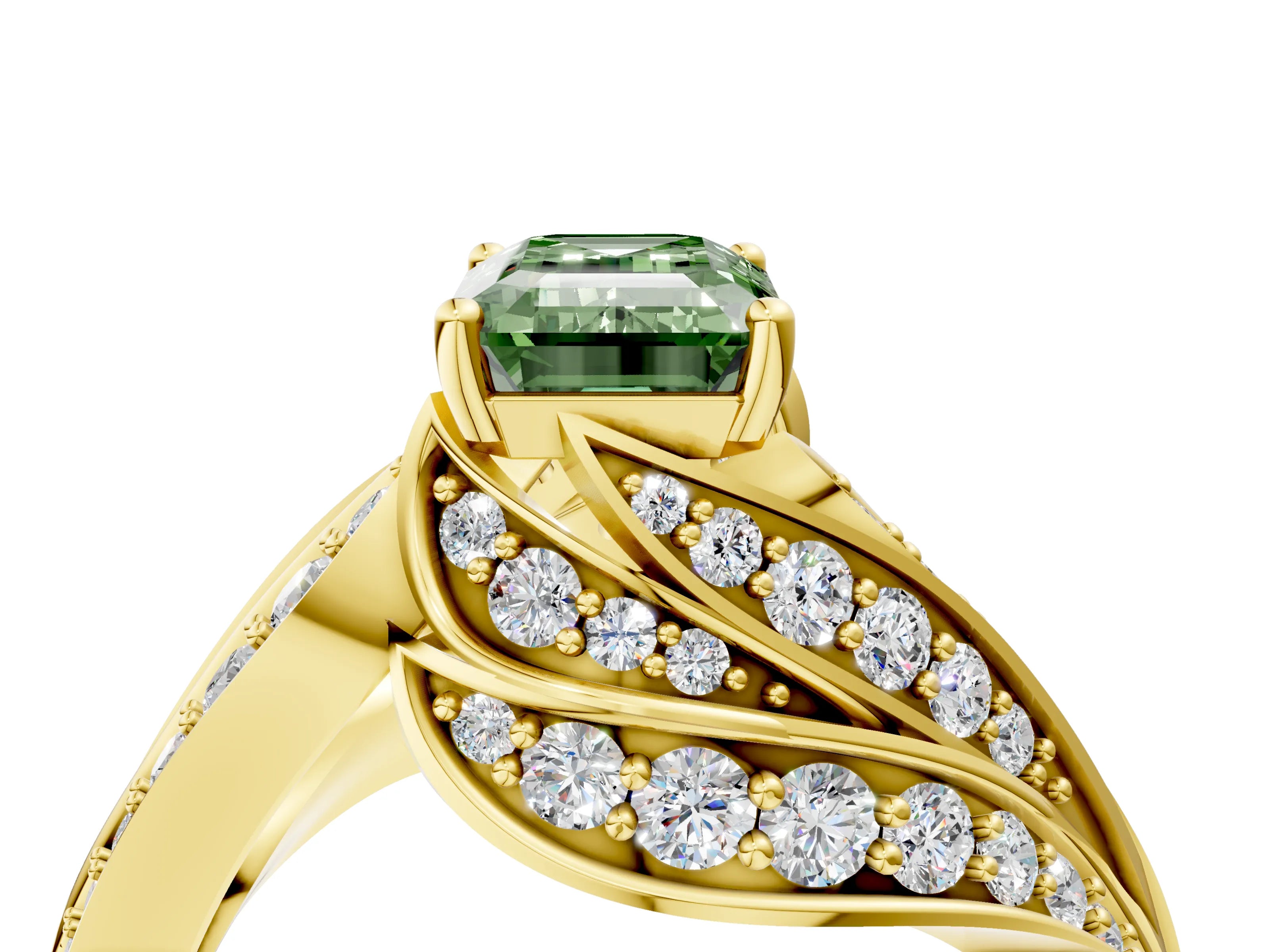 Yellow gold Fancy Green Emerald Cut Diamond Solitaire Ring with Prong Setting and Twisted Pavé Band_4