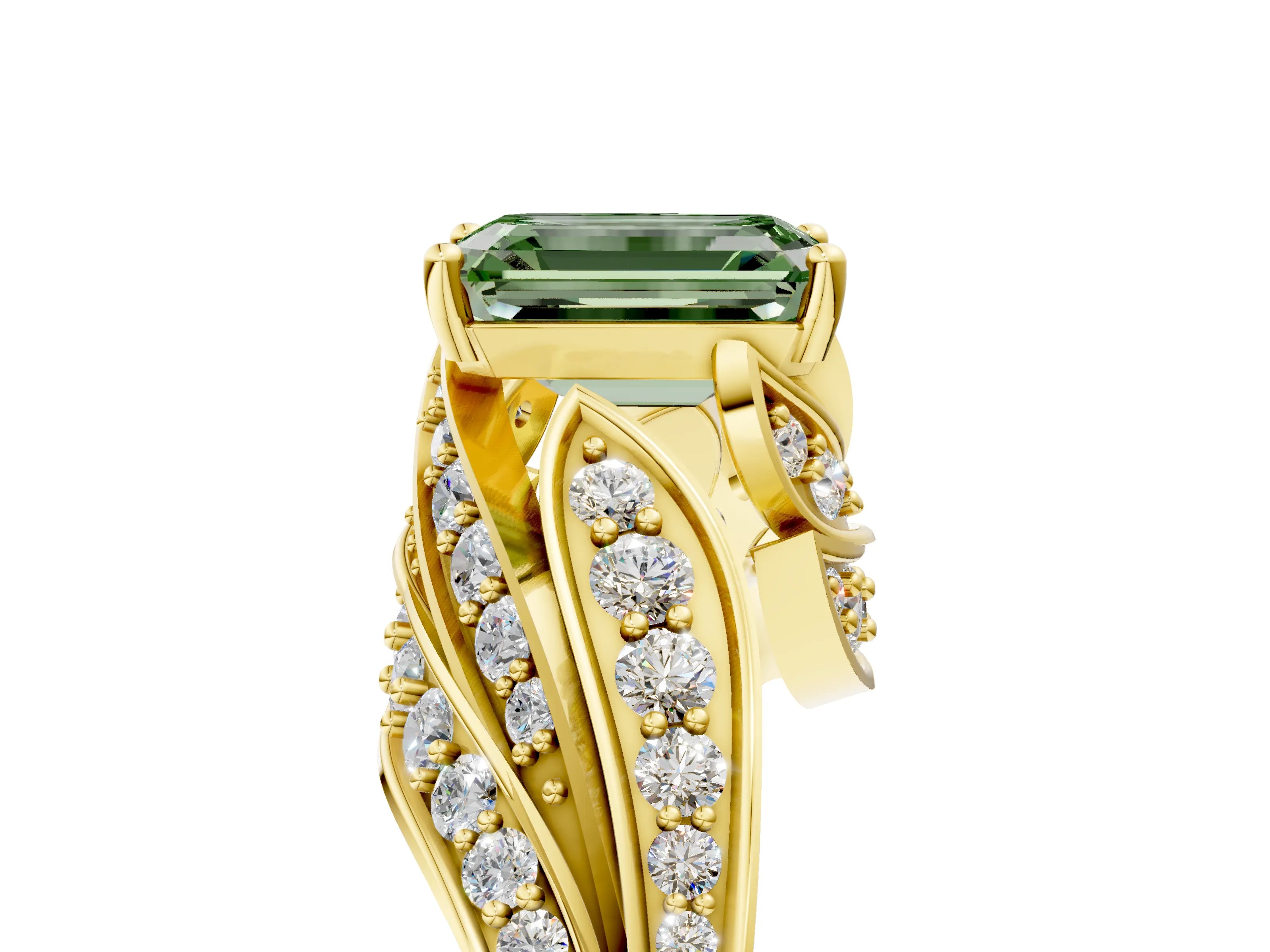 Yellow gold Fancy Green Emerald Cut Diamond Solitaire Ring with Prong Setting and Twisted Pavé Band_5