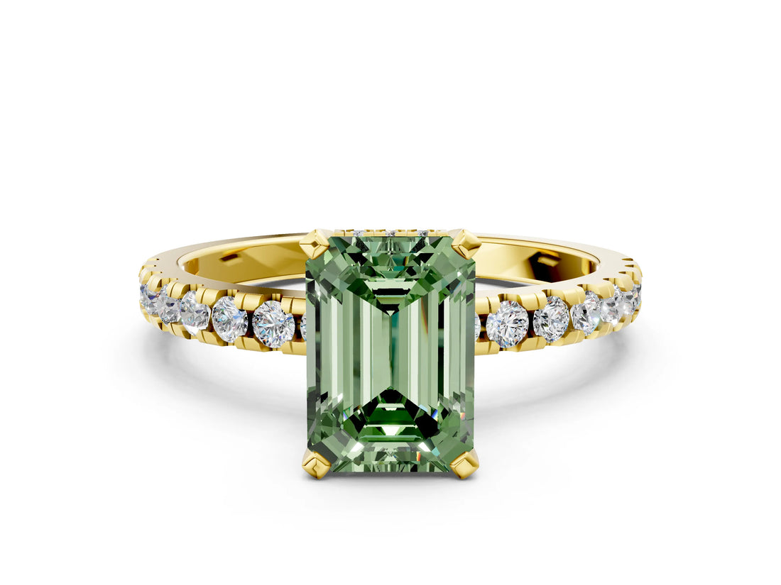 Yellow gold Fancy Green Emerald Cut Diamond Solitaire Ring with Round  Pavé Band and Four-Prong Setting_36