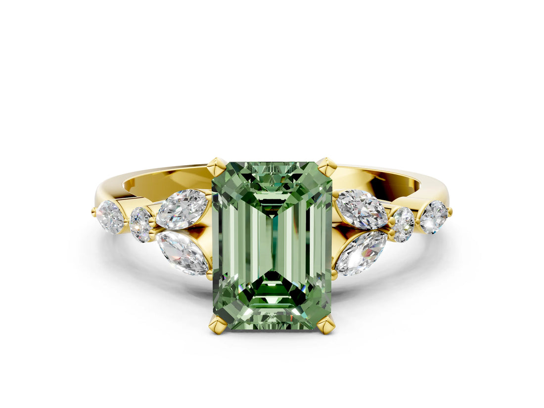 Yellow gold Fancy Green Emerald Cut Diamond Solitaire Ring with Side Stones and Four-Prong Setting_205