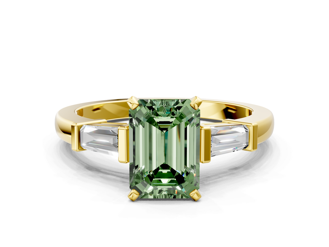 Yellow gold Fancy Green Emerald  Cut Diamond Solitaire Ring with Tapered Baguette Accents and Four-Prong Setting_64