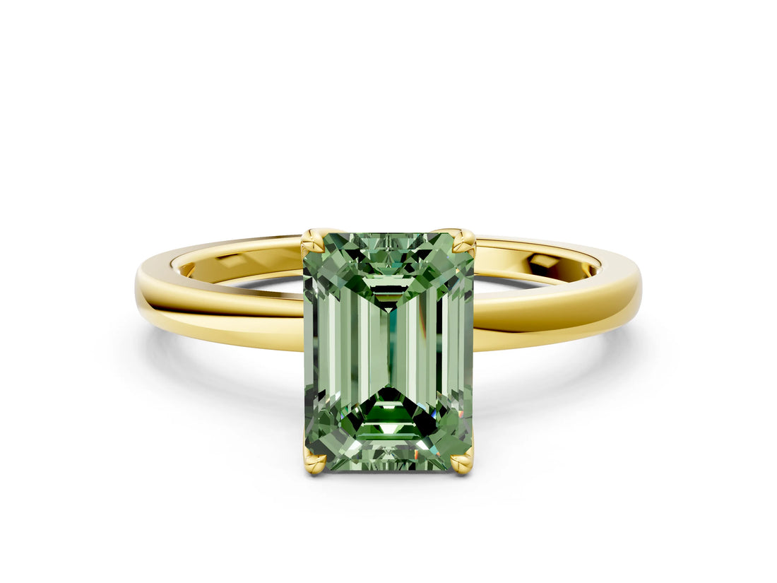 Yellow gold Fancy Green Emerald Cut Diamond Solitaire Ring with Thin Band and Prong Setting_12
