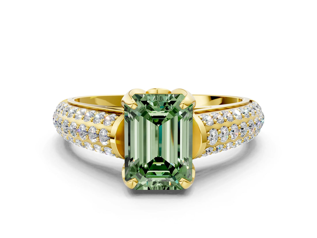 Yellow gold Fancy Green Emerald Cut Diamond Solitaire Ring with Three-Row Pavé Band and Four-Prong Setting_36