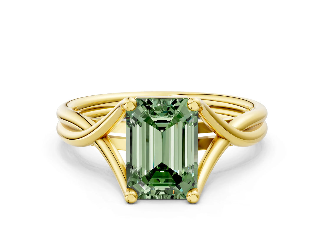 Yellow gold Fancy Green Emerald Cut Diamond Solitaire Twist Band Prong Setting Ring_54