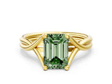 Yellow gold Fancy Green Emerald Cut Diamond Solitaire Twist Band Prong Setting Ring_54
