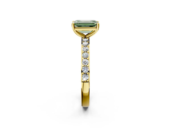 Yellow Gold Emerald Cut Solitaire Engagement Ring Setting for Fancy Green Center with Round Pave Band