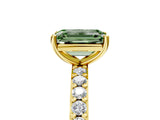 Yellow gold Fancy Green Emerald  Cut Diamond Solitaire with Pave Band and Four-Prong Setting