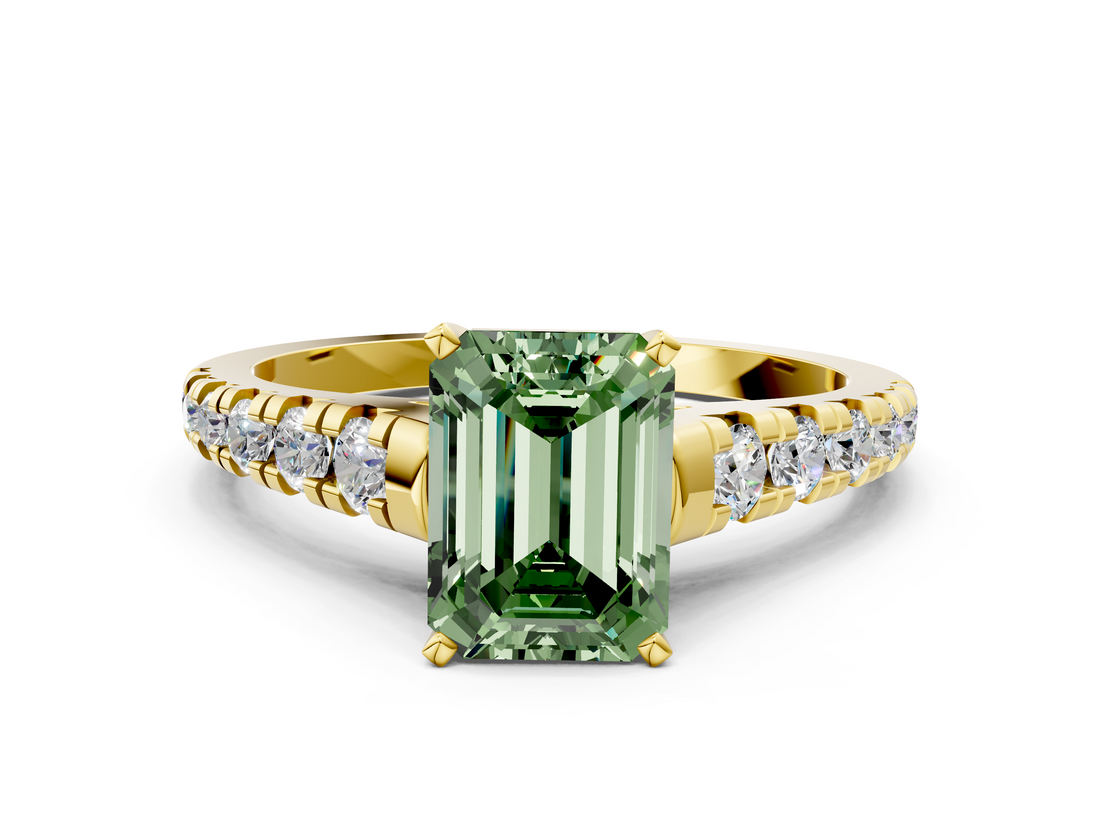Yellow gold Fancy Green Emerald  Cut Diamond Solitaire with Pave Band and Four-Prong Setting_119