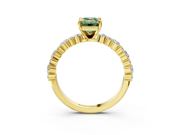 Yellow Gold Emerald Cut Pear Side Stone Engagement Ring Setting for Fancy Green Center