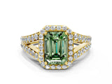 Yellow gold Fancy Green Emerald Cut Diamond Split Shank Halo Ring with Four-Prong Setting_55