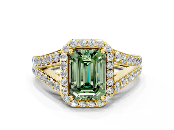 Yellow Gold Emerald Cut Halo Engagement Ring Setting for Fancy Green Center with Narrow Pave Split Shank