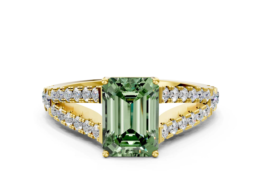 Yellow gold Fancy Green Emerald Cut Diamond Split Shank Pavé Engagement Ring with Four-Prong Setting_60