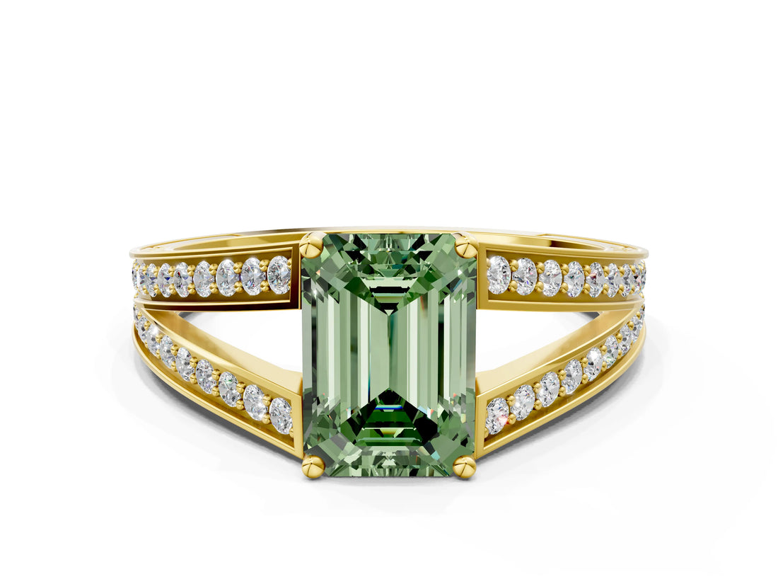 Yellow gold Fancy Green Emerald Cut Diamond Split Shank Ring with Pavé Band and Four-Prong Setting_44
