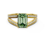 Yellow gold Fancy Green Emerald Cut Diamond Split Shank Ring with Pavé Band and Four-Prong Setting_44