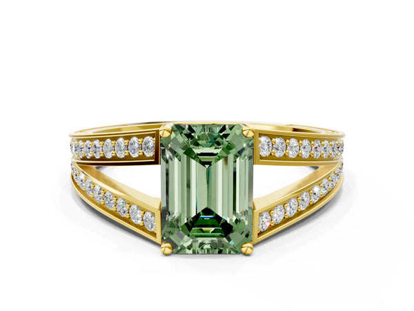 Yellow Gold Emerald Cut Pave Split Shank Engagement Ring Setting for Fancy Green Center