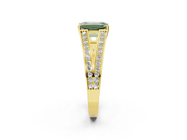 Yellow Gold Emerald Cut Pave Split Shank Engagement Ring Setting for Fancy Green Center